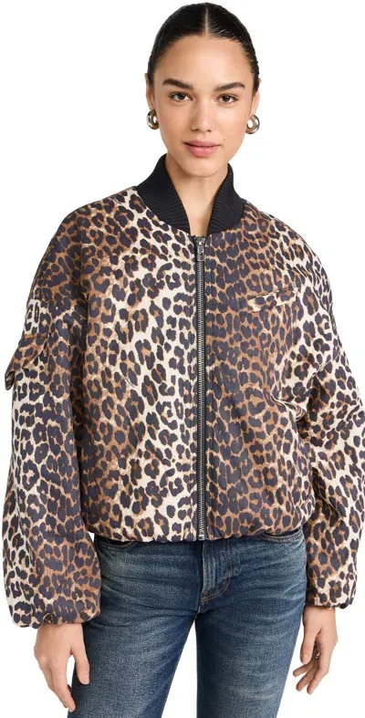 Ganni Printed Canvas Bomber Jacket Leopard In Almond Milk