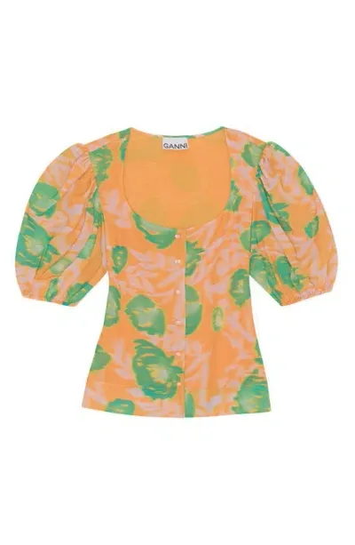 Ganni Floral-print Crepe Blouse In Orange