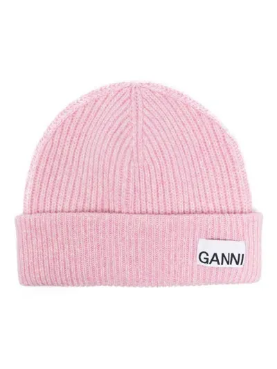 Ganni Beanie Hat With Logo Patch In Pink