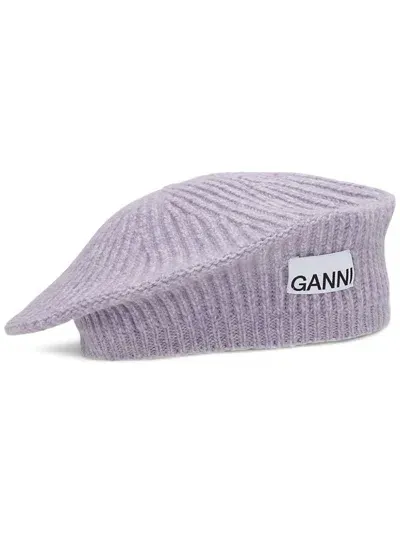 Ganni Ribbed-knit Beret In Purple