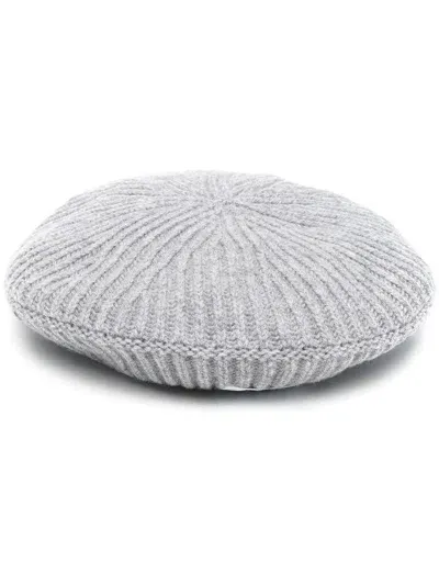 Ganni Ribbed Recycled Wool Beret In Grey