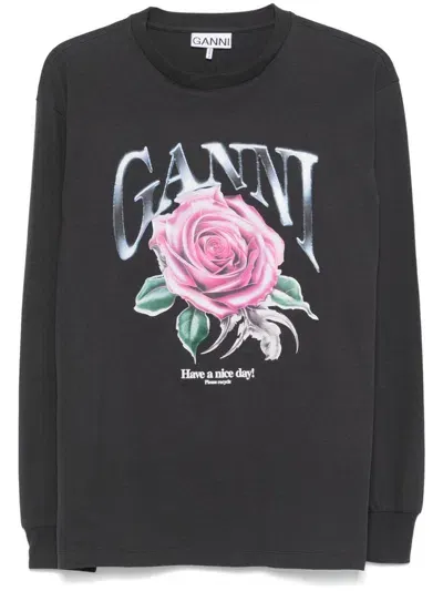 Ganni Rose-prin T-shirt In Grey