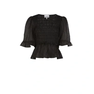 Ganni Crinkled Georgette Smock Blouse In Black