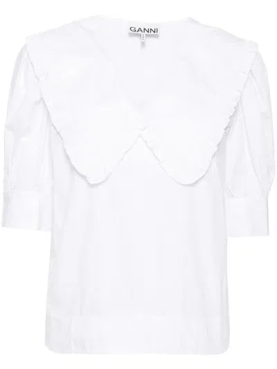 Ganni Ruffled-trim Cotton Blouse In White