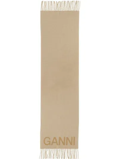 Ganni Scarf With Logo In Beige