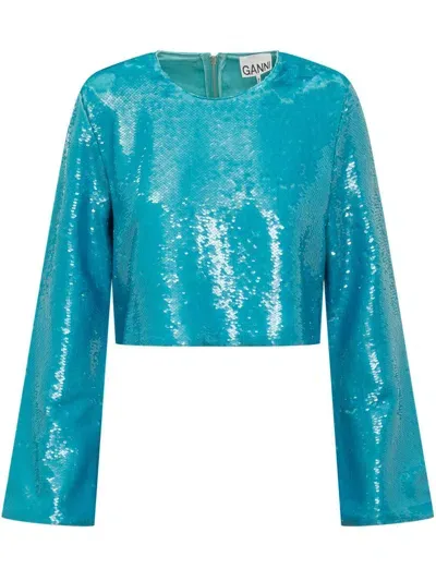 Ganni Sequin Blouse In Blue