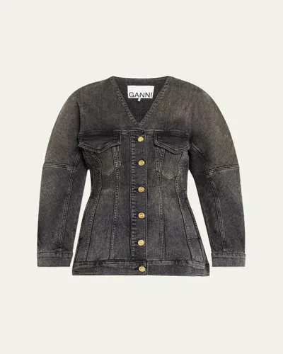 Ganni Shaped Denim Blazer In Washed Black/black