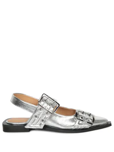 Ganni Feminine Buckle Ballerina Metallic In Grey