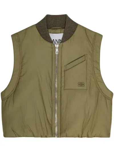 Ganni Quilted Cropped Vest In Brown