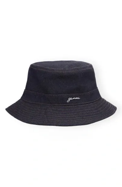 Ganni Signature Recycled Cotton Denim Bucket Hat In Dark Navy