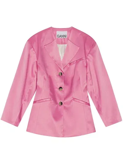 Ganni Long Sleeve Double Satin Fitted Blazer In Wild Orchid