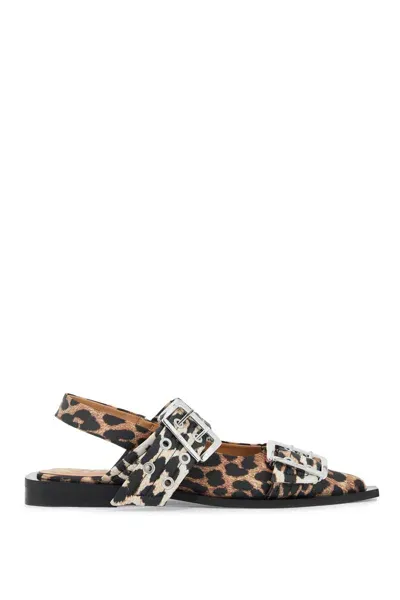 Ganni Buckle Ballerina Leopard-print Nylon Slingback Flats In Brown