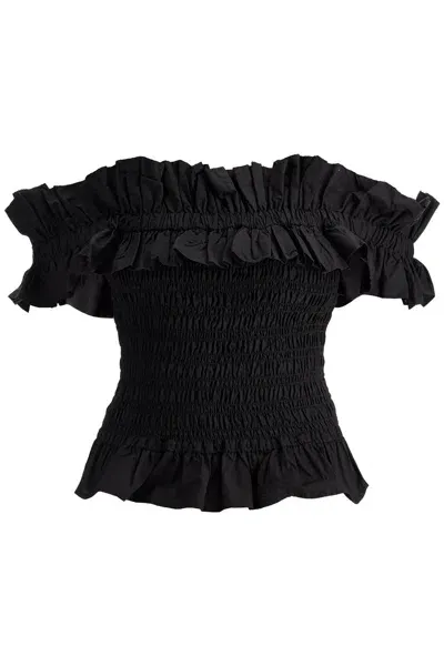 Ganni Smocked Poplin Top In Black