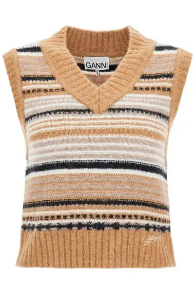 Ganni Soft Striped Knit Vest With A Comfortable In Neutrals