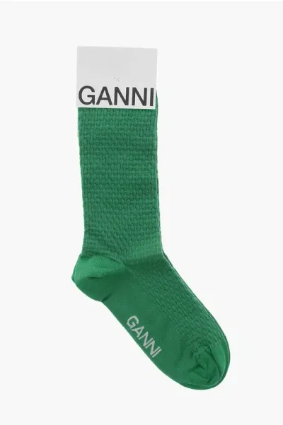 Ganni Solid Color Long Socks With Contrasting Logo In Green