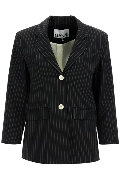 Ganni Striped Boxy Blazer In Black