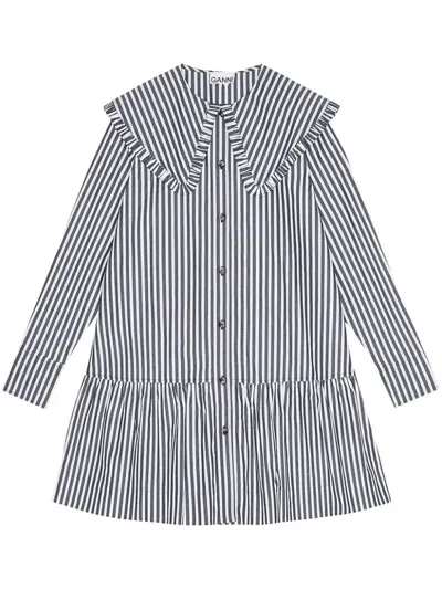 Ganni Striped Cotton Shirt Dress In Black