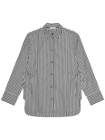 Ganni Striped Poplin Shirt In Black