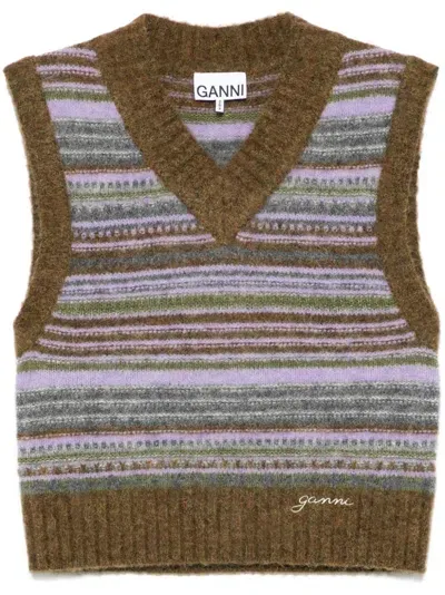 Ganni Striped Vest In Brown