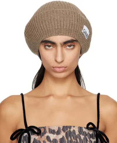 Ganni Taupe Wool Rib Knit Beret In 177 Tiger's Eye