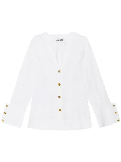 Ganni V-neck Poplin Shirt In White