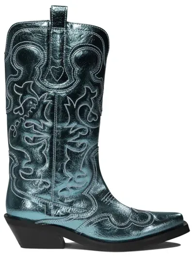 Ganni Western-embroidered Boots In Light Blue