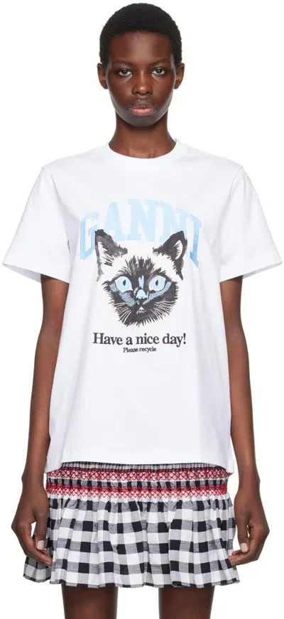 Ganni White Cat T-shirt In 151 Bright White