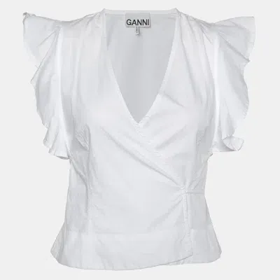 Pre-owned Ganni White Cotton Cap Sleeves Wrap Top Xxs