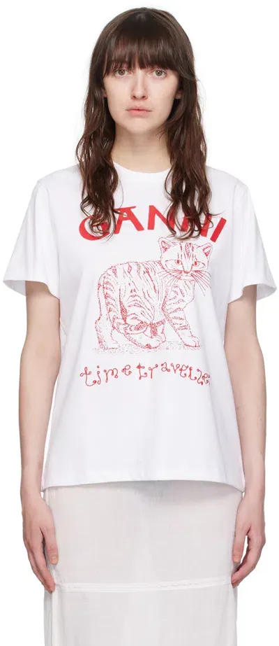 Ganni White Embroidered T-shirt In 151 Bright White