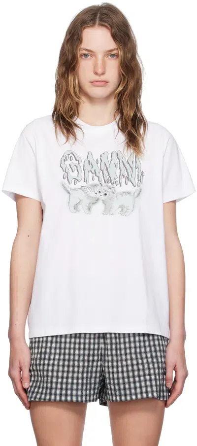 Ganni White Love Cats T-shirt In 151 Bright White