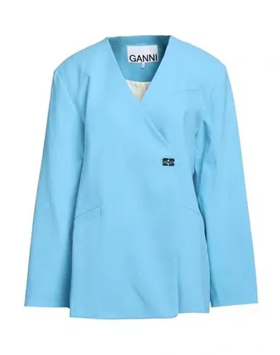 Ganni Long Sleeve Cotton Suiting Boxy Blazer In Ethereal Blue