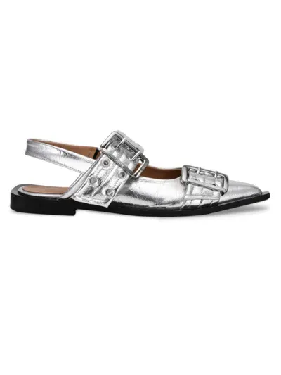 Ganni Feminine Buckle Metallic Silver Polyester Ballerinas