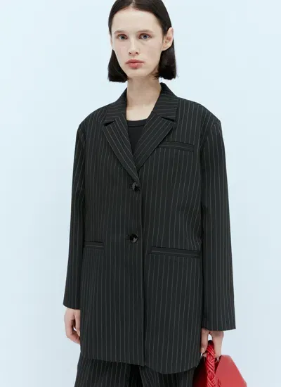 Ganni Long Sleeve Stretch Stripe Oversized Blazer In Black