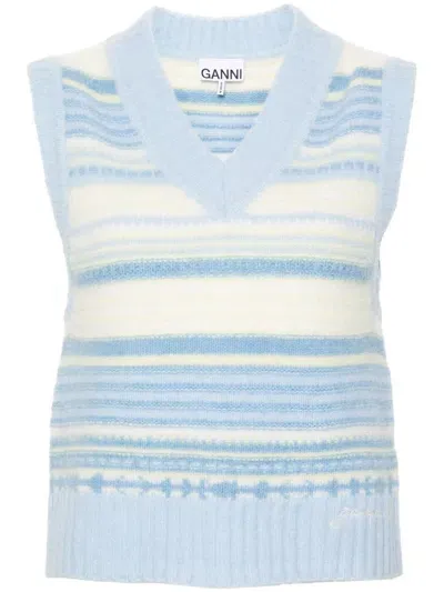 Ganni Wool-blend Striped Sweater In Clear Blue