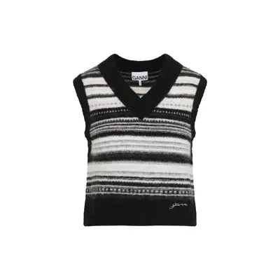 Ganni Wool Blend Striped Vest In Black