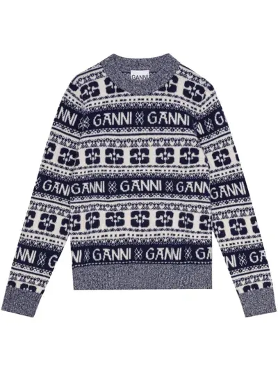 Ganni Wool Crewneck Jumper In Grey