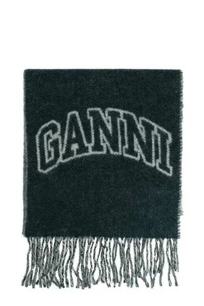 Ganni Wool Scarf With Logo In Green