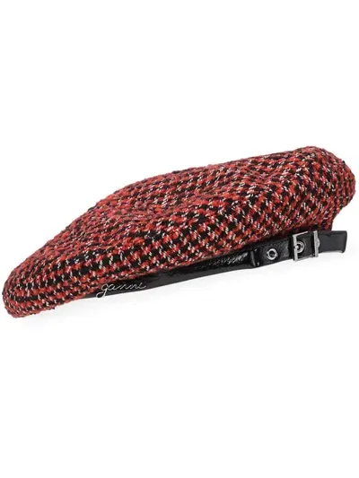 Ganni Woven Check Beret In Red