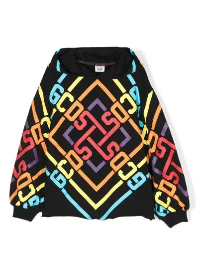 Gcds Kids' Geometric Logo Print Hoodie In Black