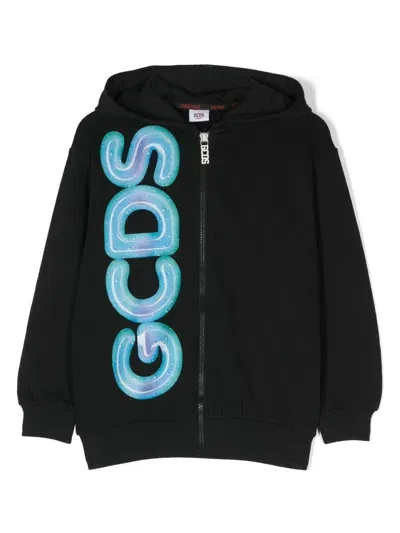 Gcds Kids' Logo-print Zip-up Hoodie In Black