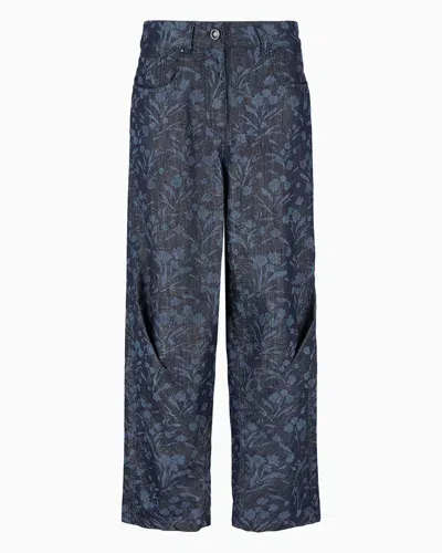 Giorgio Armani Denim Collection Five-pocket Wide Leg Trousers In Cotton, Viscose And Lurex Denim With Floral Motif In Blue