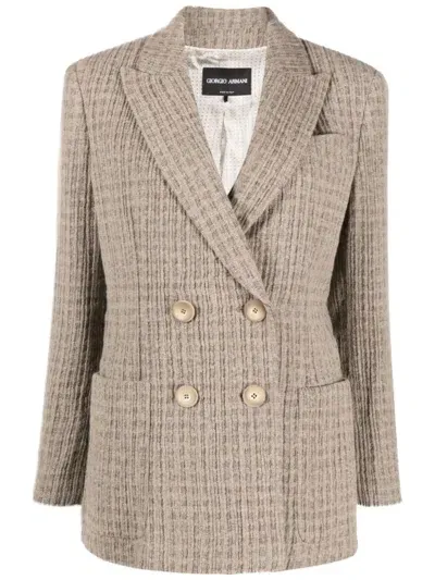 Giorgio Armani Seersucker Cashmere Double-breast Blazer In Grey