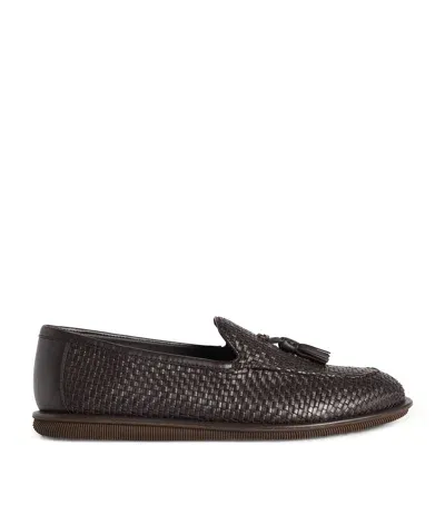 Giorgio Armani Leather Logo Loafers In Brown