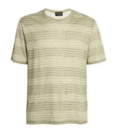 Giorgio Armani Linen Uneven Stripe T-shirt In Green