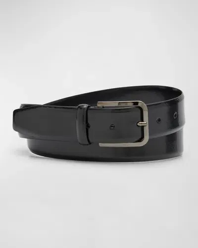 Giorgio Armani Men's Rectangle-buckle Leather Belt In Solid Black