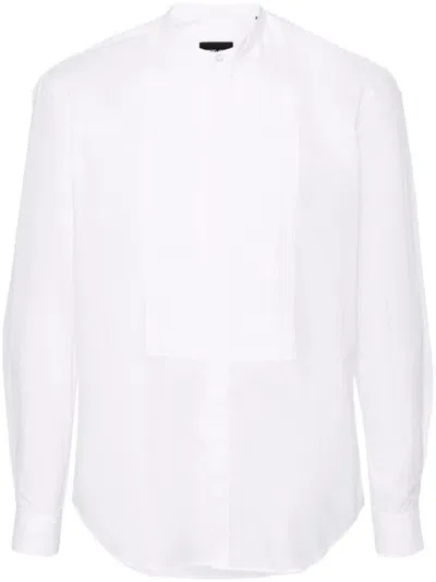 Giorgio Armani Ribbed-panel Band-collar Shirt In White