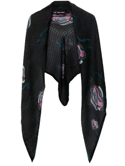 Giorgio Armani Striped Silk Scarf In Black