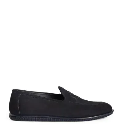 Giorgio Armani Suede Logo Loafers In Blue