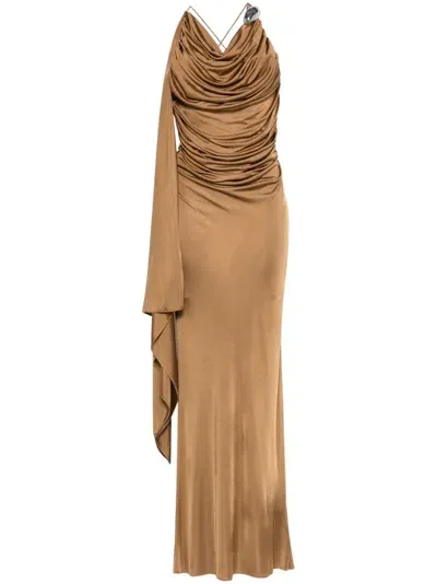 Giuseppe Di Morabito Brooch-detail Draped Maxi Dress In Brown