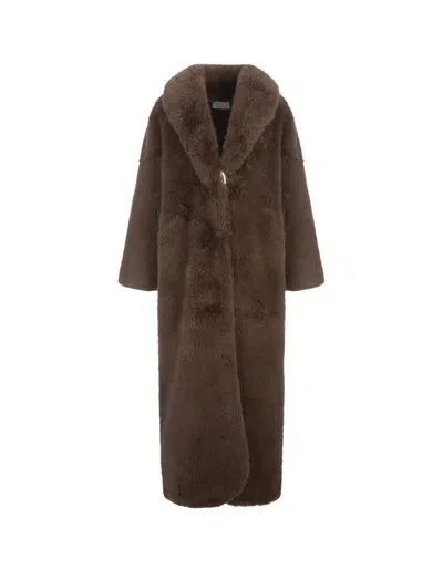 Giuseppe Di Morabito Long Brown Faux Fur Coat With Brooch